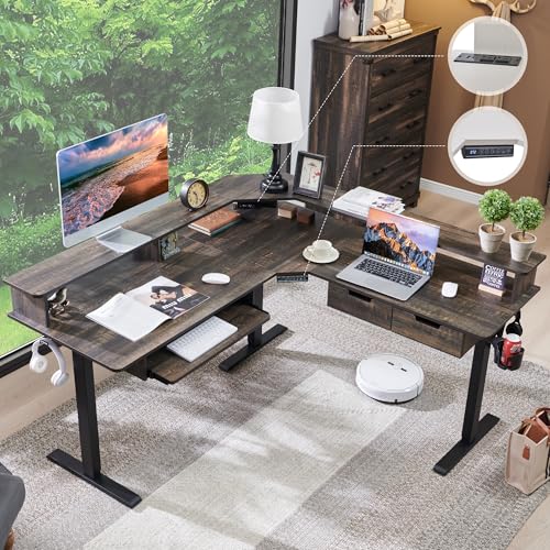 RedLemon 60 Inches L Shaped Electric Standing Desk, Dark Rustic Oak | Height Adjustable Corner Gaming Desk with Drawer, Keyboard Tray, Power Outlets & LED Lights, Computer Desk w/ Monitor Shelf - color: Dark Rustic Oak, size: 60"X60"