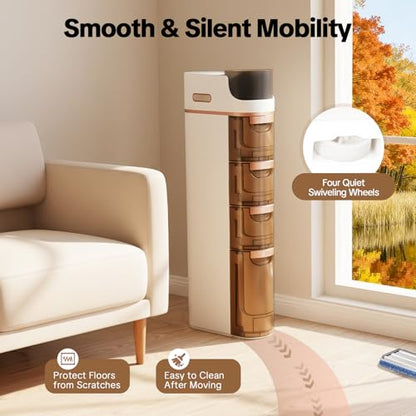 4 Tiers Slim Bathroom Storage Cabinet, Narrow Plastic Rolling Cart Organizer with Drawers, Mobile Storage Organizer with Tissue Box and Removable Dividers for Small Spaces, Bathroom, Bedroom, Kitchen