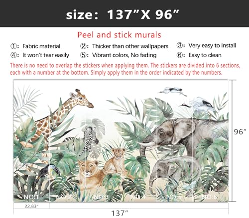 YIHWM-Peel and Stick Animal Wallpaper Tropical Rainforest Zoo Theme Mural | Tear-resistant,with a substantial feel;Will not be damaged during repositioning.Boy's Room,kids room wallpaper.L-137"x96" - color: Yh13, size: 137"x96"