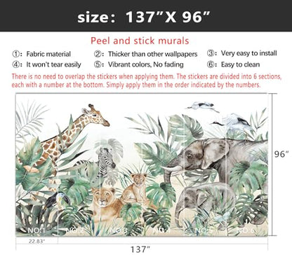 YIHWM-Peel and Stick Animal Wallpaper Tropical Rainforest Zoo Theme Mural | Tear-resistant,with a substantial feel;Will not be damaged during repositioning.Boy's Room,kids room wallpaper.L-137"x96" - color: Yh13, size: 137"x96"