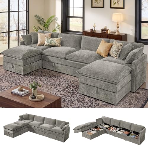 Ihanherry 135” Modular Sectional Sofa with Storage, U Shaped Cloud Couch with Movable Ottomans & 4 Pillows, Chenille Deep Seat Sectional Couches for Living Room, Apartment (Grey) - color: Grey, size: 135" U Shape