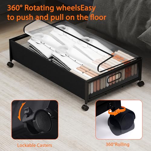 Under Bed Storage with Wheels, Rolling Underbed Storage Organizer, Heavy Duty Under Bed Storage for Clothes, Blankets and Bedding, Low Profile Underbed Container, Black
