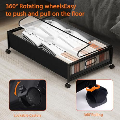 Under Bed Storage with Wheels, Rolling Underbed Storage Organizer, Heavy Duty Under Bed Storage for Clothes, Blankets and Bedding, Low Profile Underbed Container, Black