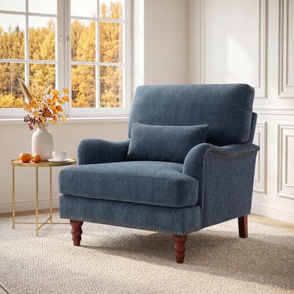 Mid-Century Modern Accent Chair with Lumbar Pillow, Navy, 2 Pack | Upholstered Chenille Armchair, Solid Wood Frame & Legs, Comfy Reading Lounge Sofa for Living Room Bedroom, & Small Spaces - color: Chenille Navy, size: 2 Seat