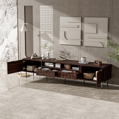 Modern TV Stand 78 inch for TVs up to 85 inch, Large Media Console with 3D Diamond Pattern and Cable Management for Living Room, Wood Entertainment Center with Soft-Closing Hinges, Dark Brown - color: Dark Brown-g
