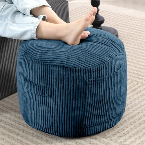 Round Stuffed Pouf Ottoman (Blue, 20" D x 20" W x 15" H) | Corduroy Foot Rest with Rebound Foam Filling, Furry and Fluffy Foot Stool Ottoman, Floor Poufs for Living Room - color: Blue, size: 20"D x 20"W x 15"H