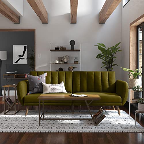 Novogratz Brittany 82 Inch Futon Sofa Bed in Faux Leather, Upholstered Couch Sleeper with Tufted Back, Mid-Century Modern Design, Green - color: Green