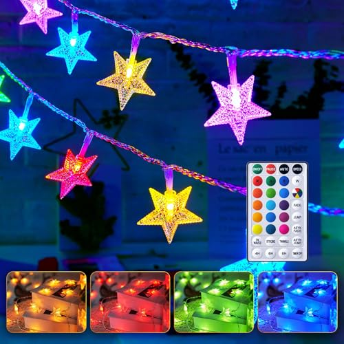 Minetom Star String Lights Battery Operated - 17 ft 50 LED Color Changing Star Fairy Light with Remote and Timer, 16 Single Colors and 7 Modes Starry Lights for Bedroom Dorm Christmas Halloween Decor - color: RGB (Red, Green, Blue), size: 1 Pack