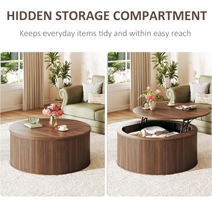 HUAHUU Round Coffee Table with Storage, 31.5" Lift Top Coffee Table, Mid Century Modern Coffee Tables for Living Room, Apartment Office, Fluted Table with Rustic Wood Desktop, Walnut