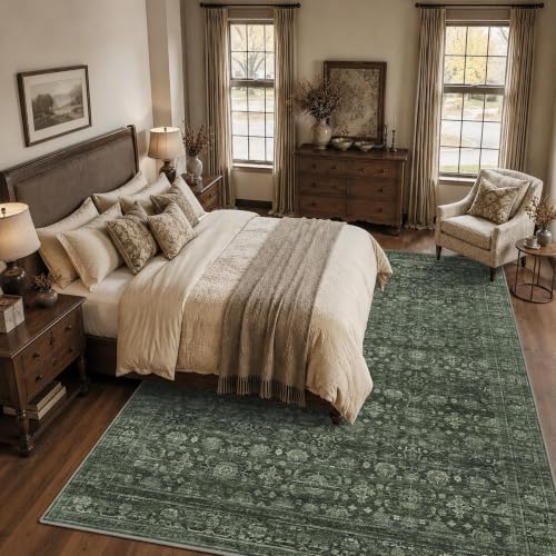 8x10 Dark Green Vintage Soft Low Pile Non Slip Boho Washable Area Rug | Stain Resistant Indoor Carpet, Easy to Clean, Large Rug for Living Room, Bedroom, Dining Room & Office Farmhouse Home Decor - color: Dark Green, size: 8' x 10' (Rectangular)
