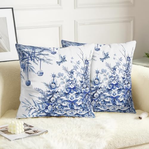 Christmas Tree Pillow Covers 18x18 Set of 2 Winter Blue White Chinoiserie Christmas Decorative Outdoor Throw Pillow Cases Farmhouse Xmas Holiday Pillowcase for Sofa Couch Porch - color: Blue Christmas Tree, size: 18" x 18" (Pack of 2)