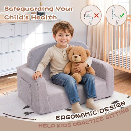 Foryoomi Extra Wide Kids Couch, 2-in-1 Soft Toddler Couch with Blanket, Comfy Toddler Chair, Convertible Sofa with Cute Rainbow Design, Grey - color: Grey Rainbow