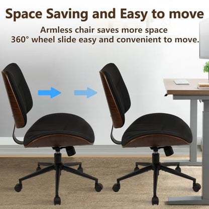 CLATINA Office Chair Armless with Wheels, Mid-Century Modern Walnut Desk Chair, Adjustable Height Reading Chair, PU Leather Mid Back & Swivel Computer Chairs for Home Meeting Room Bedroom, Black(2 PK) - color: Black Linear, size: 2 Pack