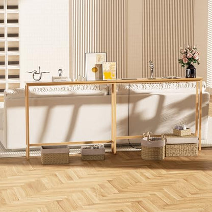 VASMIA 70.9 Inch Narrow Console Table with Outlet,Bamboo Behind Couch Sofa Table,Skinny Hallway Table for Entryway Living Room,Foyer,Natural - color: Natural, size: 5.91"D x 70.87"W x 29.52"H