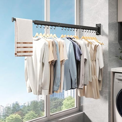 Wall Mounted Tri-Fold Clothes Drying Rack, Heavy Duty Collapsible Laundry Drying Rack, Space-Saving Retractable Foldable Drying Rack Clothes for Laundry Room Balcony Bathroom,Black-Hooks - style: Black-Hooks