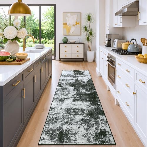 2x6 Hallway Runner Rug Washable Non-Slip Back Grey Low Pile Carpet | Stain Resistant, Soft Faux Wool, Abstract Pattern for Kitchen Walkway, Laundry Room, Entryway, Hallways - color: Black Grey, size: 2' x 6'(24''x72'')