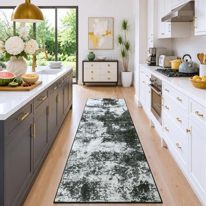 2x6 Hallway Runner Rug Washable Non-Slip Back Grey Low Pile Carpet | Stain Resistant, Soft Faux Wool, Abstract Pattern for Kitchen Walkway, Laundry Room, Entryway, Hallways - color: Black Grey, size: 2' x 6'(24''x72'')