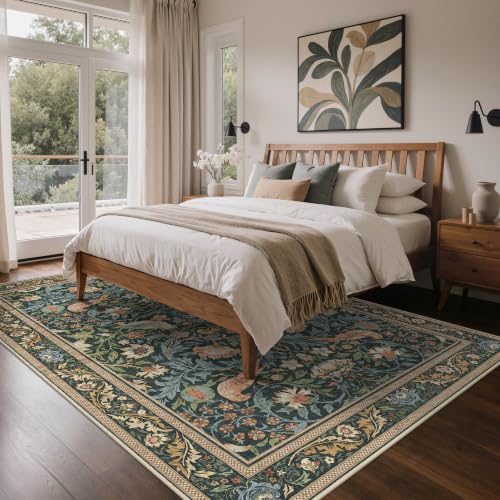 GENIMO 6X9 Blue Green Area Rug for Living Room, Washable Non Slip | Blue Green Boho Bird Floral Rug for Bedroom and Dining Room, Soft Low Pile Polyester Area Rug, Easy Care, Non-Shedding - color: Blue Green, size: 6' x 9' (Rectangular)