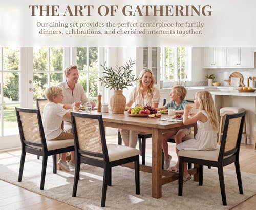 HNY Farmhouse Rattan Dining Chairs Set of 6, Black Solid Hardwood Frame, Upholstered Linen Seat, Ergonomic Cane Back Dining Room Chairs for Kitchen, Dining Room, Apartment, Beige - color: Black