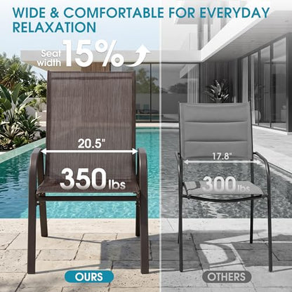 24.4" Wide Outdoor Stackable Chairs Set of 6 | Stacking Patio Chairs with Textilene Fabric, Outside Furniture for Garden Backyard Balconie Poolside Deck, Brown - color: 6 Brown Chairs