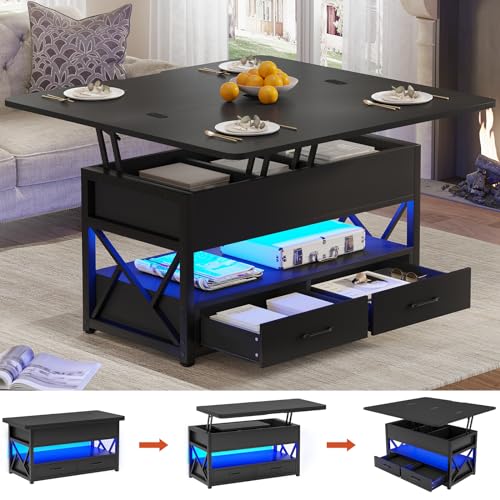 Itaar 40" Lift Top Coffee Table, 4 in 1 Coffee Tables with Storage for Living Room, Small Farmhouse Coffee Table with 2 Drawers & LED Light for Dining Reception Room, Black - color: Black