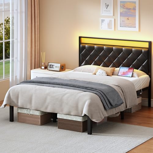 Full Size Bed Frame with Headboard, Modern Metal Bed Frame with LED Lights & Charging Station, PU Leather Upholstered Headboard, All Metal Slats Support, No Boxing Spring Needed, Noise Free, Black - size: Full