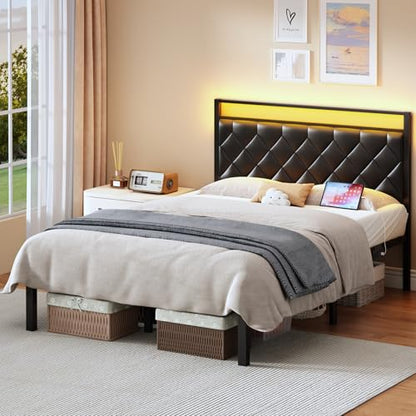 Full Size Bed Frame with Headboard, Modern Metal Bed Frame with LED Lights & Charging Station, PU Leather Upholstered Headboard, All Metal Slats Support, No Boxing Spring Needed, Noise Free, Black - size: Full