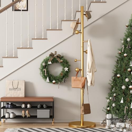 Coat Rack Freestanding Coat Tree with 8 Hooks Coat Hanger Stand,Gold | Heavy Duty Metal Coats Rack Stand for Jacket Hat Clothes Bag Stainless Steel Hall Tree Hat Racks for Entryway Bedroom Hallway - color: Gold with 8 Round Hooks