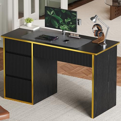 4 EVER WINNER 47-Inch Fluted Computer Desk with 4 Drawers, Black and Gold | Compact Home Office Desk with 4 Storage Drawers, Including a Deep File Drawer, for Bedroom, Study or Small Spaces - color: Black
