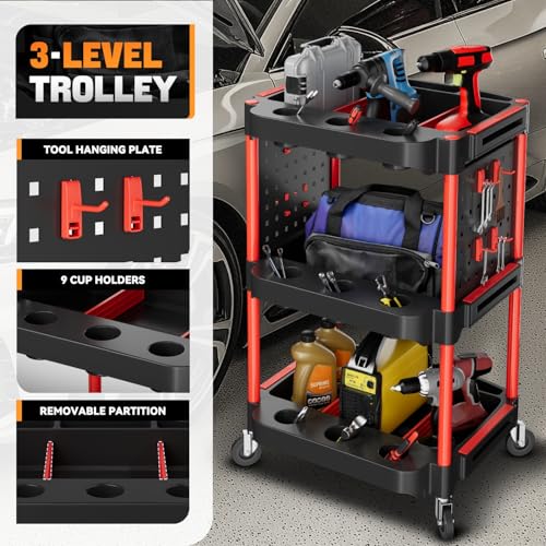 Auto Dynasty 3-Tier Rolling Cart w/Cup Holders & Pegboard, 120kg Capacity | 120 Kg/260 Lbs Capacity, 3-Tier Storage w/ 9 Cup Holders & 2 Pegboards, Rolling Wheels, for Home/Garage/Warehouse/Workshop - style: with Pegboard & Cup Holders