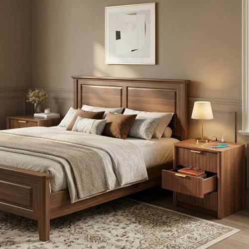 LYNCOHOME 23" Fluted Nightstands Set of 2 with Charging Station, 3 Drawer Bedside Table, Modern Night Stand with Curved Edge, Wooden End Table for Bedroom, Rounded Night Stand with Storage, Walnut - size: 15.7"D x 22.8"W x 24.2"H（3 Drawers）