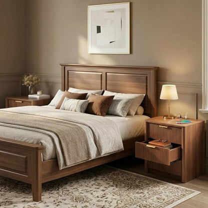 LYNCOHOME 23" Fluted Nightstands Set of 2 with Charging Station, 3 Drawer Bedside Table, Modern Night Stand with Curved Edge, Wooden End Table for Bedroom, Rounded Night Stand with Storage, Walnut - size: 15.7"D x 22.8"W x 24.2"H（3 Drawers）