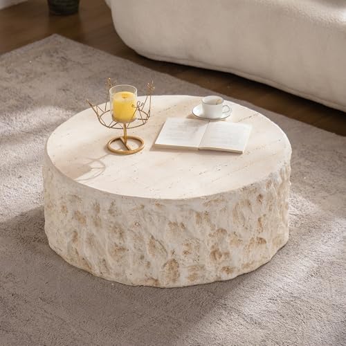31.5" Round Coffee Table Magnesium Oxide Centre Table, Mid-Century Modern Faux Stone Tea Table for Living Room Apartment, No Need Assembly - Amber, Beige - color: H-31.5" Round Beige