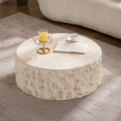 31.5" Round Coffee Table Magnesium Oxide Centre Table, Mid-Century Modern Faux Stone Tea Table for Living Room Apartment, No Need Assembly - Amber, Beige - color: H-31.5" Round Beige