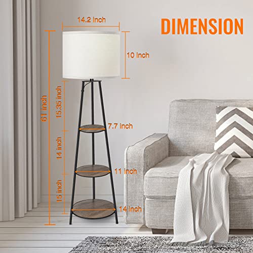 RISLG Floor Lamp, 3-Tier Round Corner Shelf Floor Lamp with 3 Dimmable Levels - Simple Standing Lamp with White Fabric Shade, Tall Modern Floor Lamps with Shelves for Bedroom, Living Room and Office