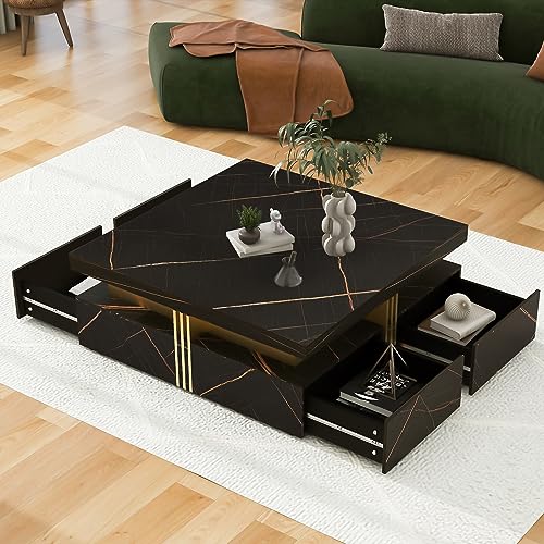 Modern Black Square Storage Coffee Table with 4 Drawers for Living Room - color: Black1