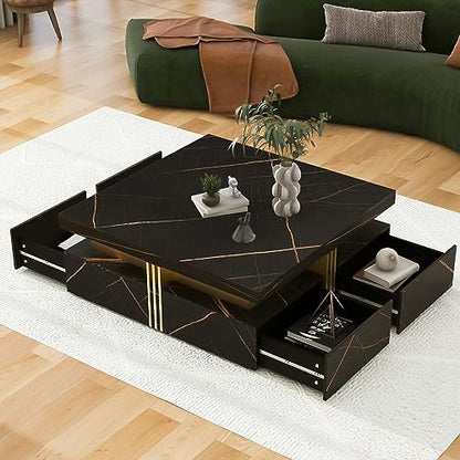 Modern Black Square Storage Coffee Table with 4 Drawers for Living Room - color: Black1