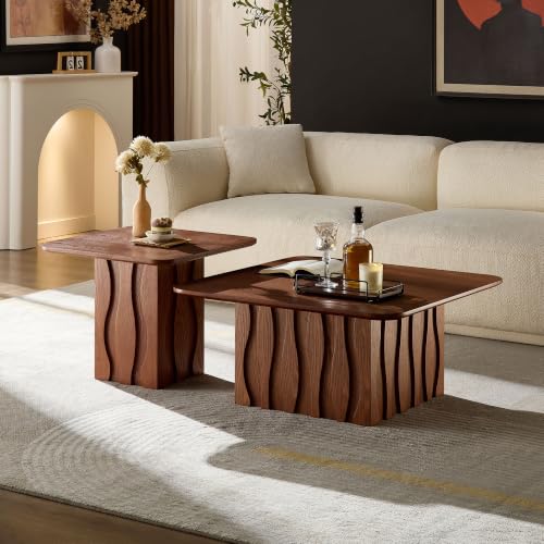 Nesting Coffee Table Set of 2 with Wavy Fluted Base, Brown | 31.5" & 21.65", 2PCS Center Tables, Square Tea Table, Easy to Assemble, Mid-Century Modern, for Living Room Office - color: 31.5" & 21.65" - Brown