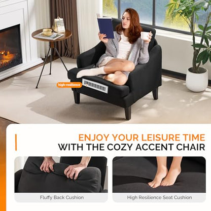 VINGLI Linen Fabric Accent Chair Black, Modern Upholstered Armchair, Comfy Sofa Chair Living Room Bedroom Furniture for Apartment - color: Black