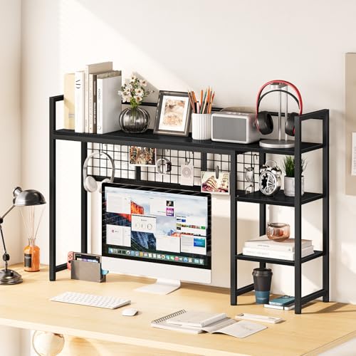 Snughome Desk Shelf, 44.9" Desktop Organizer Shelf, Desk Hutch for Computer Monitor, 4 Tier Desk Display Rack with Pegboard Hooks Set, Wood Desktop Bookshelf for Home Office Dorm - color: Black, size: 44.9"