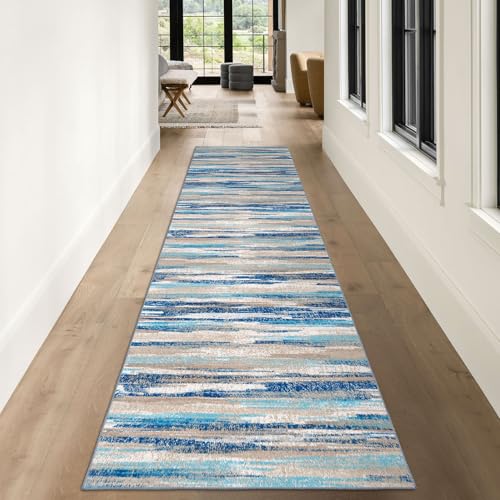 Lansny Abstract 3x10 Runner Rug Washable Runners for Hallway Non Slip | Blue;Thin Printed Faux Wool Runners;Rubber Backed Floor Carpet Runners 10ft;Extra Long Runner Rug for Hall Entryway - color: Blue Aqua/Beige Taupe Multi, size: 3' x 10' (Runner)