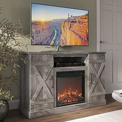 BELLEZE 47" TV Stand with 18" Electric Fireplace Heater & Media Entertainment Center Console Table for TV up to 50" with Open Storage Shelves & Cabinets - Veropeso (Grey Wash) - color: Gray Wash, style: 47" TV Stand/W 18" Fireplace
