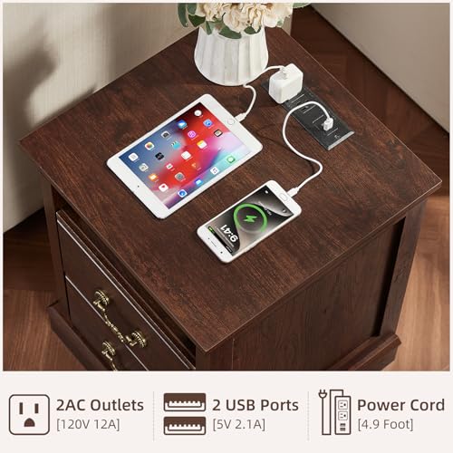 Farmhouse Night Stand with Charging Station, Walnut | 2 Drawers End Tables Bedroom, Bedside Table with Rustic Handles & Floor-Standing Thickened Foot & Open Shelf - color: Walnut, size: 18"D x 18"W x 24"H (2 Drawers)