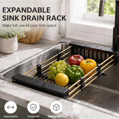 Gold Expandable Dish Drying Rack Over the Sink, Adjustable Stainless Steel Sink Drying Rack for Plates, Bowls & Utensils, Space-Saving Kitchen Counter Drainer (14-24 in) - color: Golden 14-24 in
