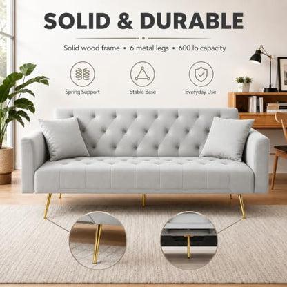 Anwick 72''Modern Velvet Sofa Bed Futon,Convertible Folding Sleeper Couches with 3 Adjustable Backrests,Tufted Recliner Loveseat with Golden Chrome Legs for Living Room Apartment Office (Grey) - color: Grey