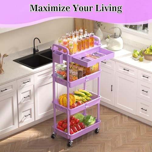 SUNALLY 4 Tier Rolling Cart with Drawer,Craft Storage Cart Organizer,Purple | Bathroom Storage Organizer with 2 Lockable Wheels, Rolling Utility Cart for Kitchen, Office, Baby, Makeup, Nail,Snack,Laundry - color: Purple, size: 4 Tier