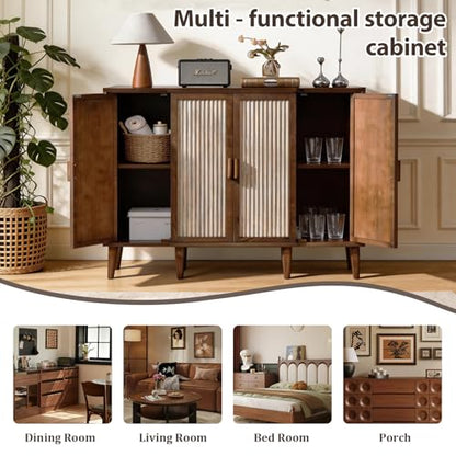 Ahokua 47.5" Fluted Sideboard Cabinet with Adjustable Shelves, Wood Storage Cabinet, Slim Buffet Cabinet for Dining Room, Entryway, Coffee Bar, Living Room, Walnut Brown