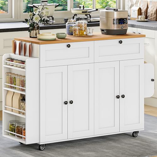 Hzuaneri Kitchen Island with Power Outlet & Drop Leaf, 53.1" Rolling | Kitchen Island Cart on Wheels, Portable Mobile Island Table with Spice Rack Towel Rack, Knife Holder Drawers, White KT00103W