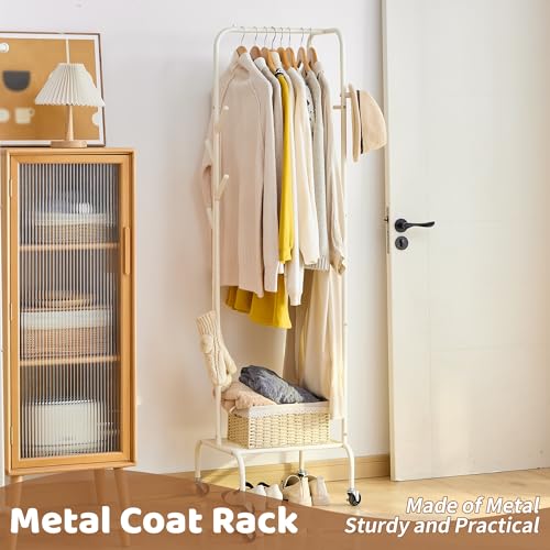 Heavy Duty Clothing Rack with Wheels, Garment Rack, Freestanding Coat Rack with 6 Hooks for Entryway, Bedroom Metal Clothes Hanger Stand for Hats, Jackets, Bags,Shoes (White, Single-layer) - color: White, size: Single-layer