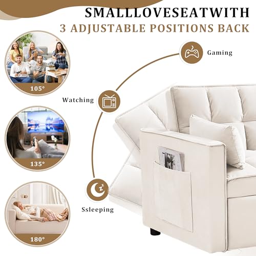 55" Pull Out Sleeper Sofa, Velvet Loveseat with Side Pockets, White | Velvet upholstery, 5-level adjustable back, Pull-out bed design, Sturdy frame with side pockets - color: White